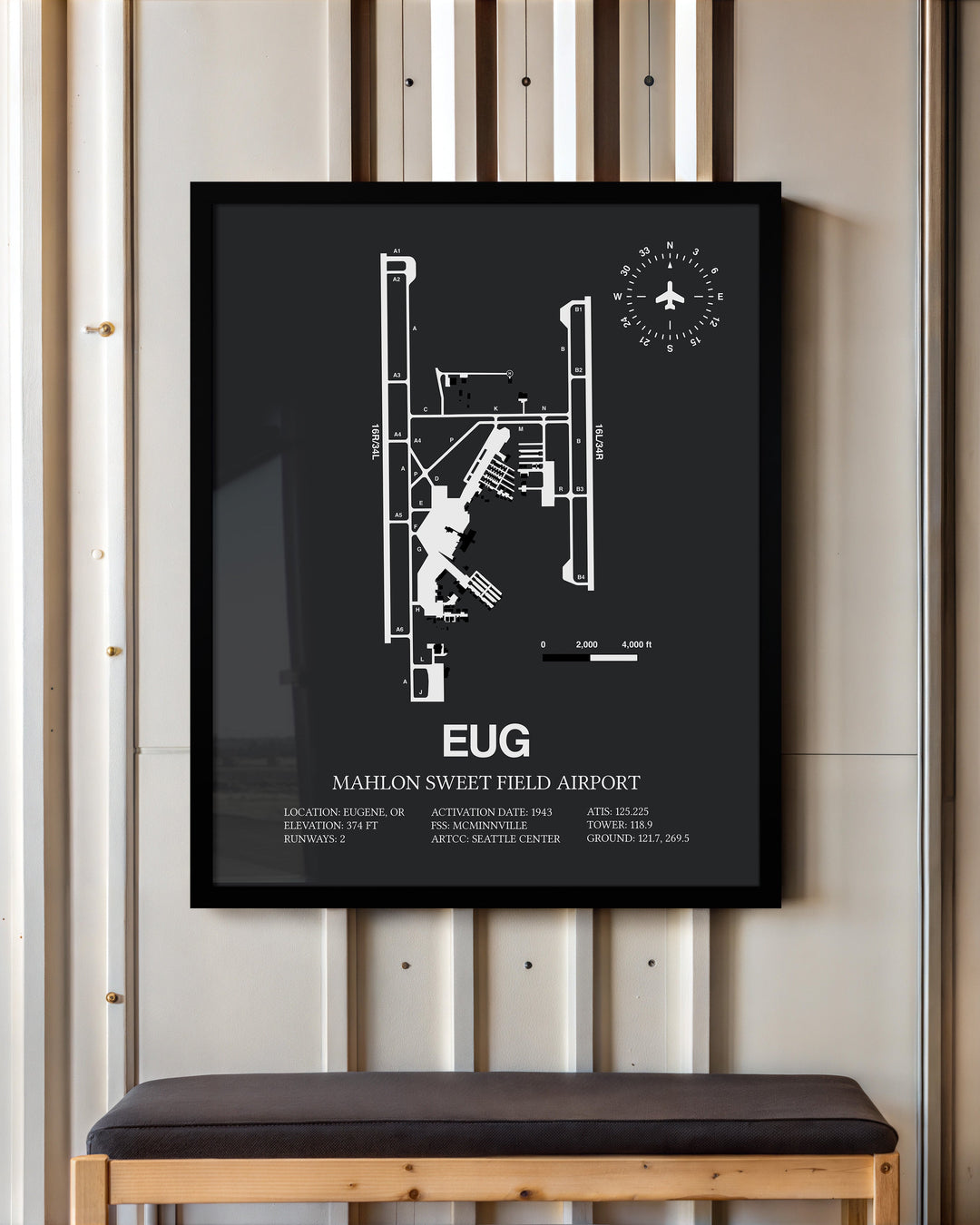Framed Detailed Airport Map of Mahlon Sweet Field Airport (EUG) in Gray with a Black Frame