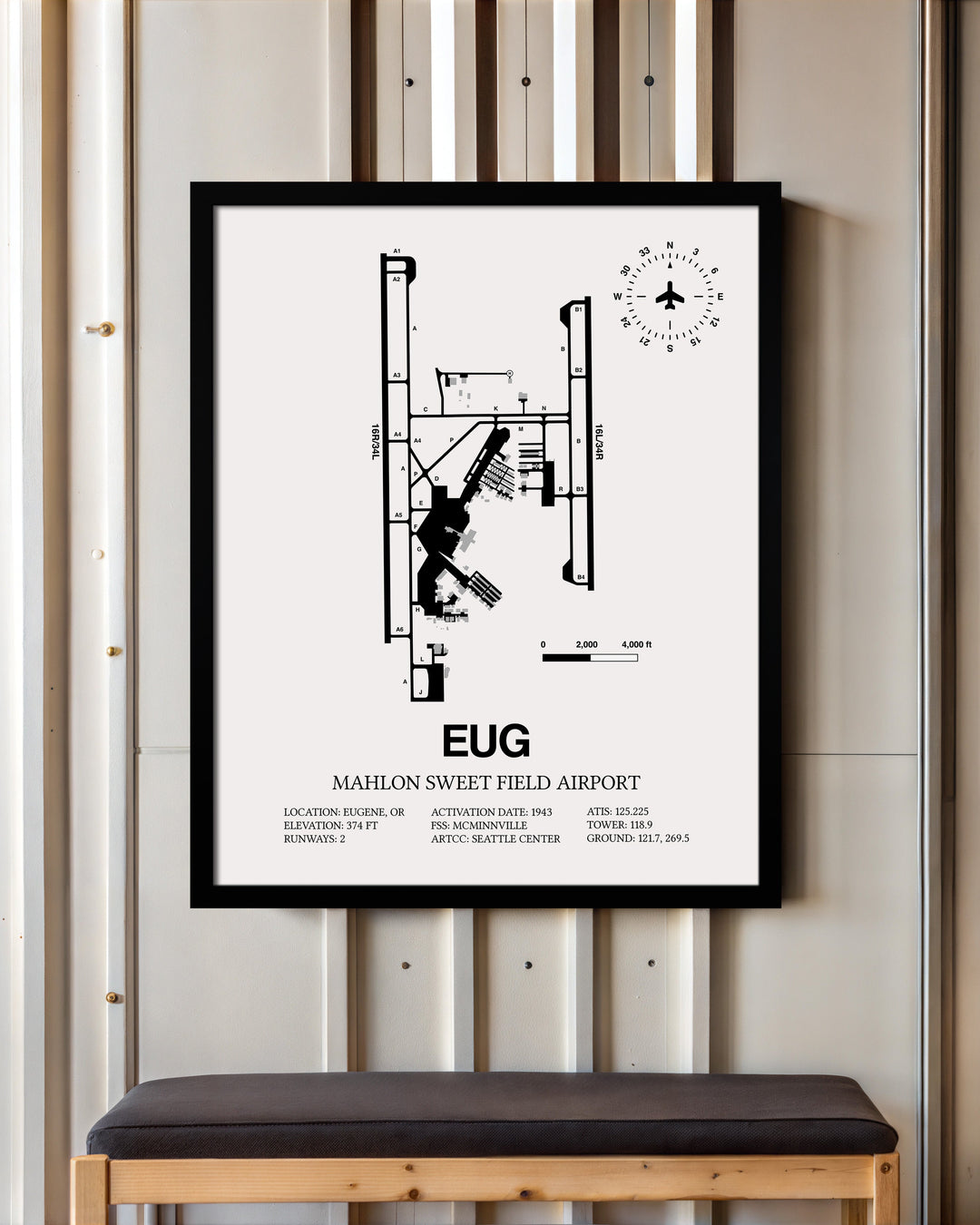 Framed Detailed Airport Map of Mahlon Sweet Field Airport (EUG) in White with a Black Frame