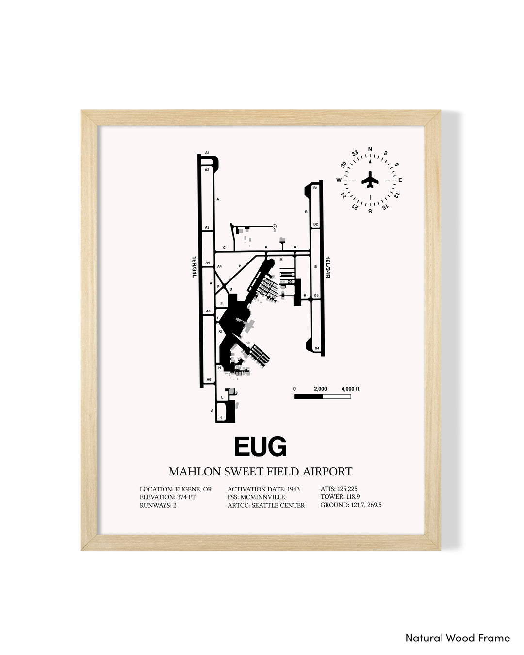 Detailed Airport Map of Mahlon Sweet Field Airport (EUG) in White with a Natural Frame