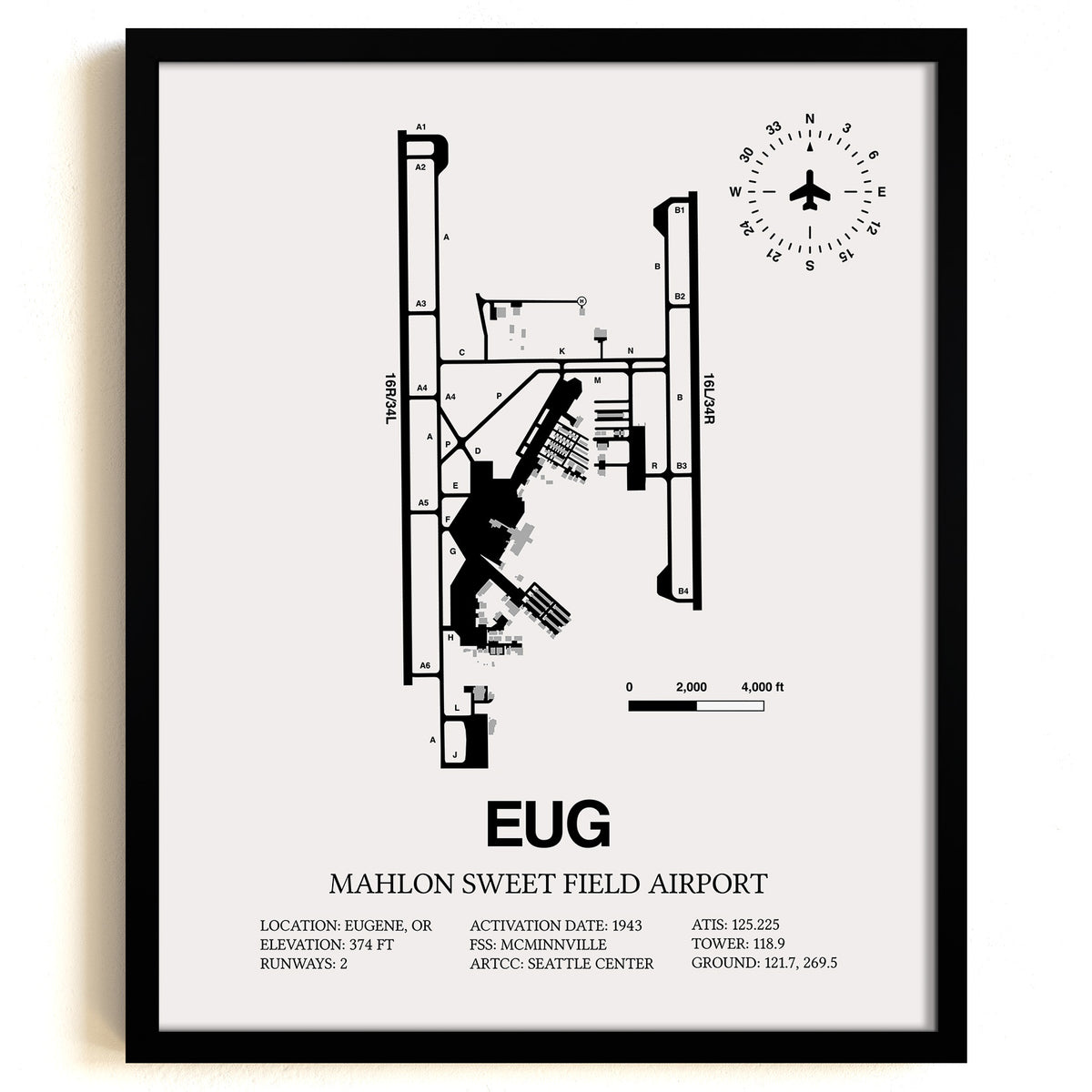 Framed Detailed Airport Map of Mahlon Sweet Field Airport (EUG) in White with a Black Frame