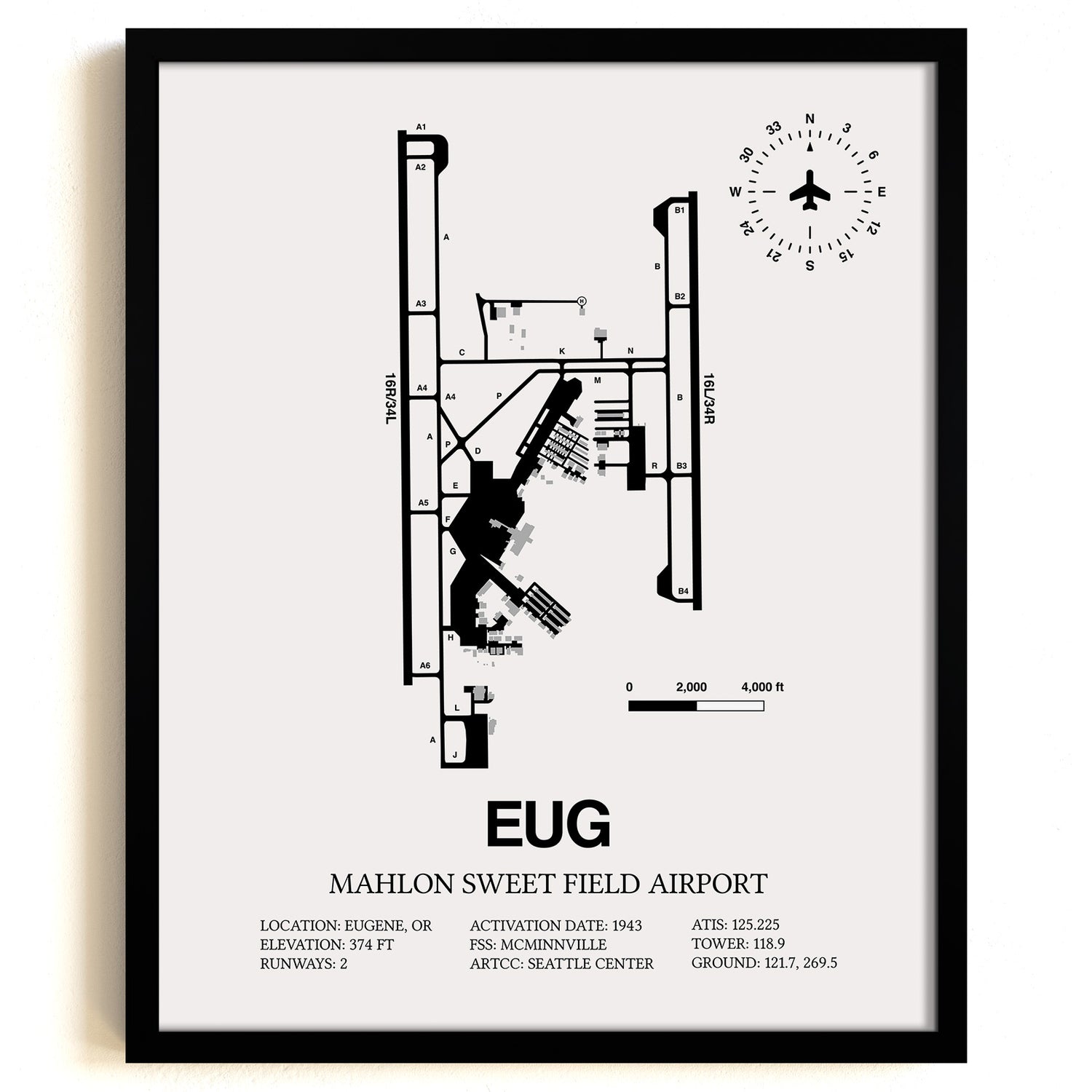 Framed Detailed Airport Map of Mahlon Sweet Field Airport (EUG) in White with a Black Frame
