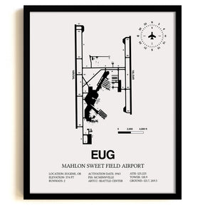 Framed Detailed Airport Map of Mahlon Sweet Field Airport (EUG) in White with a Black Frame
