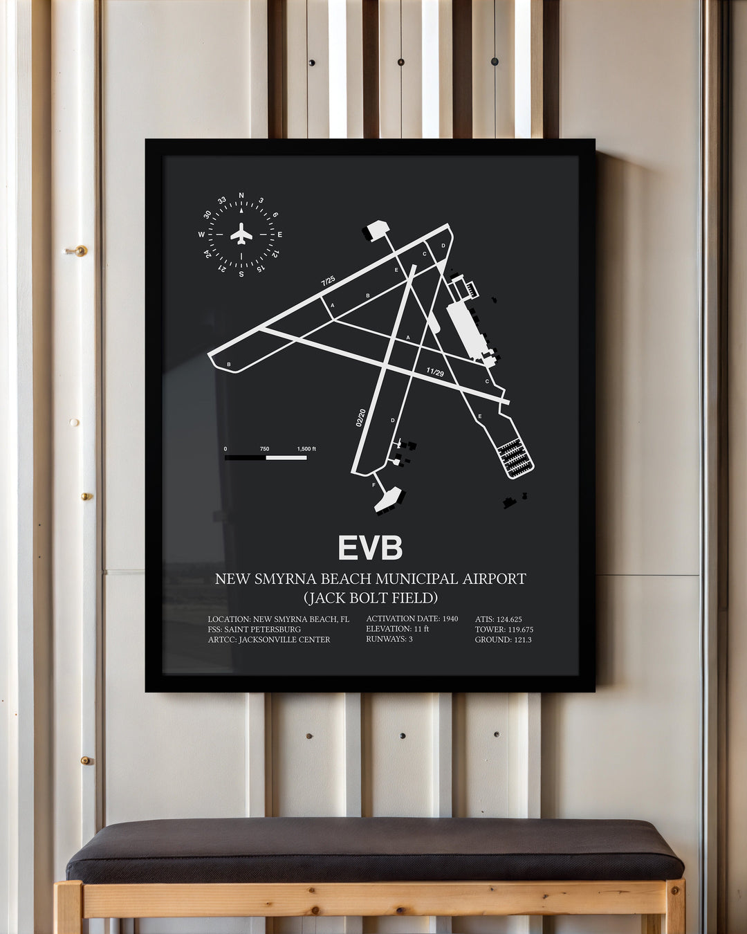 Framed Detailed Airport Map of New Smyrna Beach Municipal Airport (Jack Bolt Field) (EVB) in Gray with a Black Frame