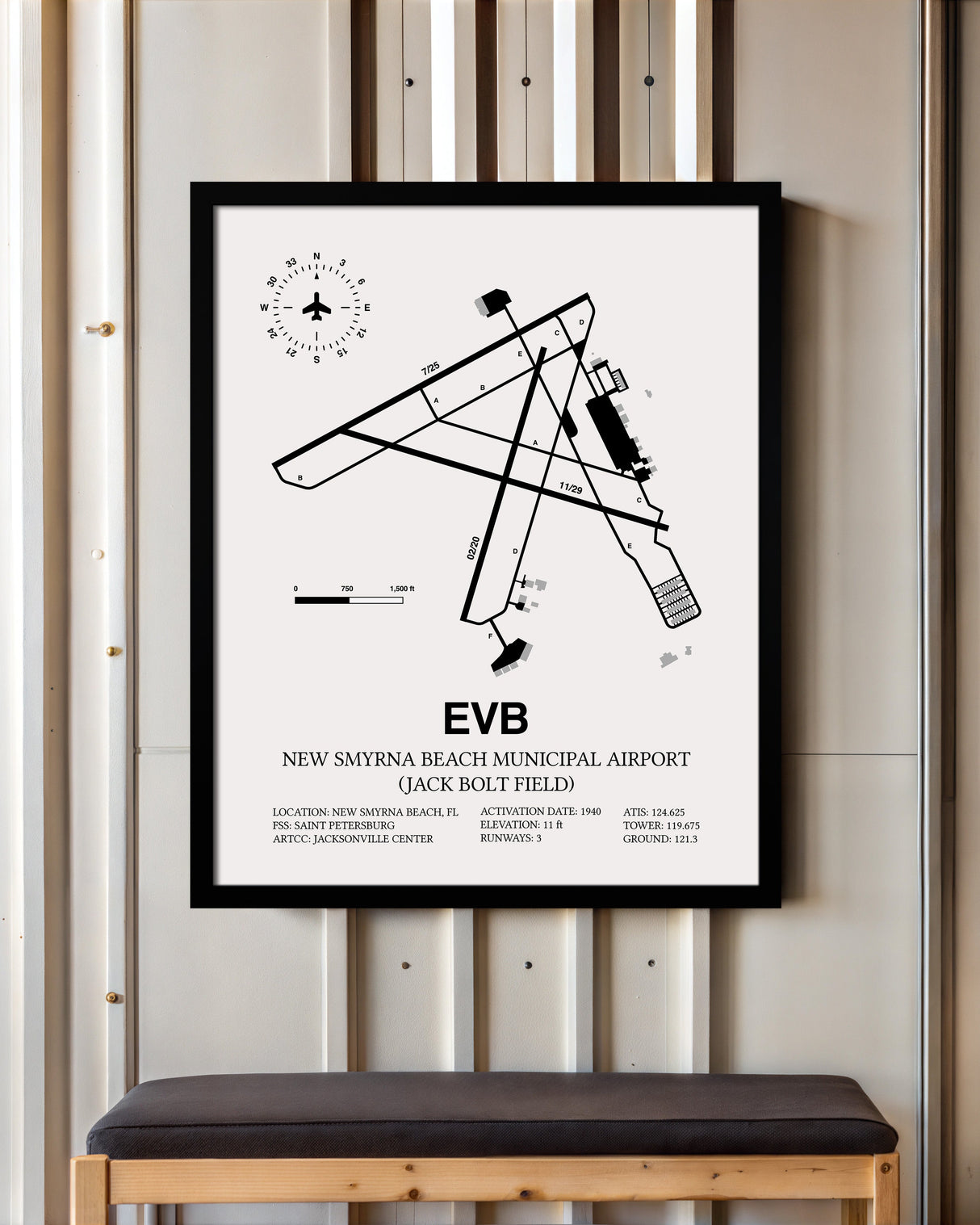 Framed Detailed Airport Map of New Smyrna Beach Municipal Airport (Jack Bolt Field) (EVB) in White with a Black Frame