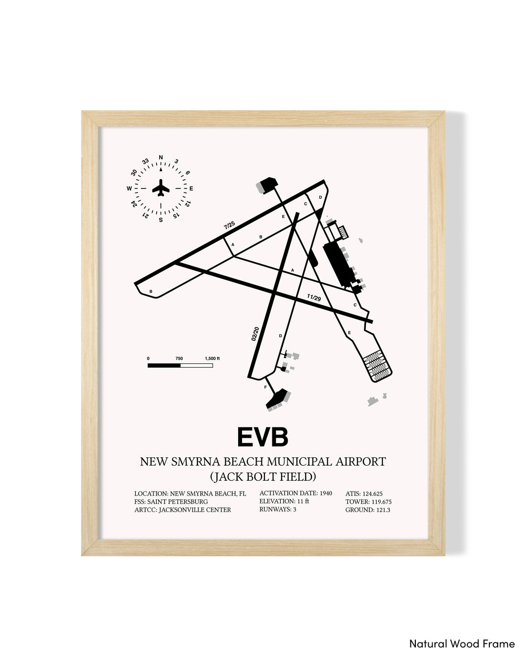 Detailed Airport Map of New Smyrna Beach Municipal Airport (Jack Bolt Field) (EVB) in White with a Natural Frame