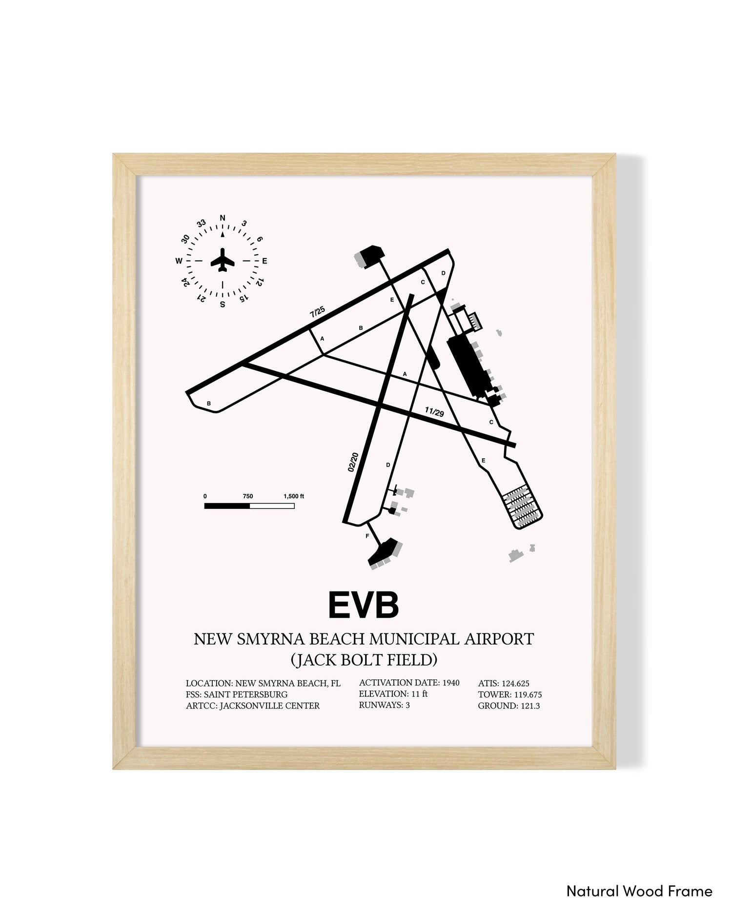 Detailed Airport Map of New Smyrna Beach Municipal Airport (Jack Bolt Field) (EVB) in White with a Natural Frame