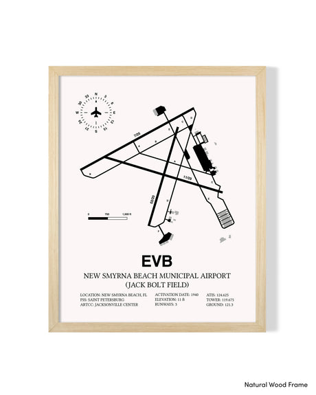 Detailed Airport Map of New Smyrna Beach Municipal Airport (Jack Bolt Field) (EVB) in White with a Natural Frame