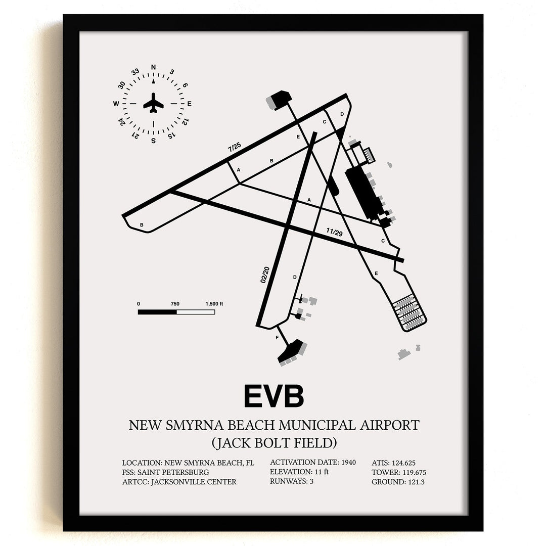 Framed Detailed Airport Map of New Smyrna Beach Municipal Airport (Jack Bolt Field) (EVB) in White with a Black Frame