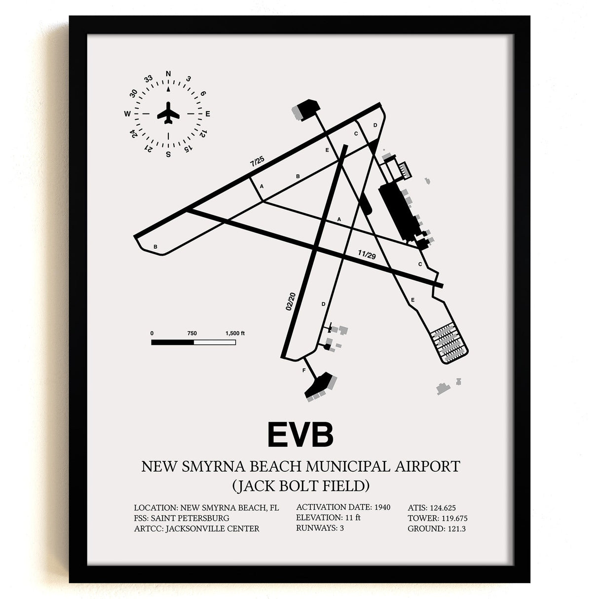 Framed Detailed Airport Map of New Smyrna Beach Municipal Airport (Jack Bolt Field) (EVB) in White with a Black Frame