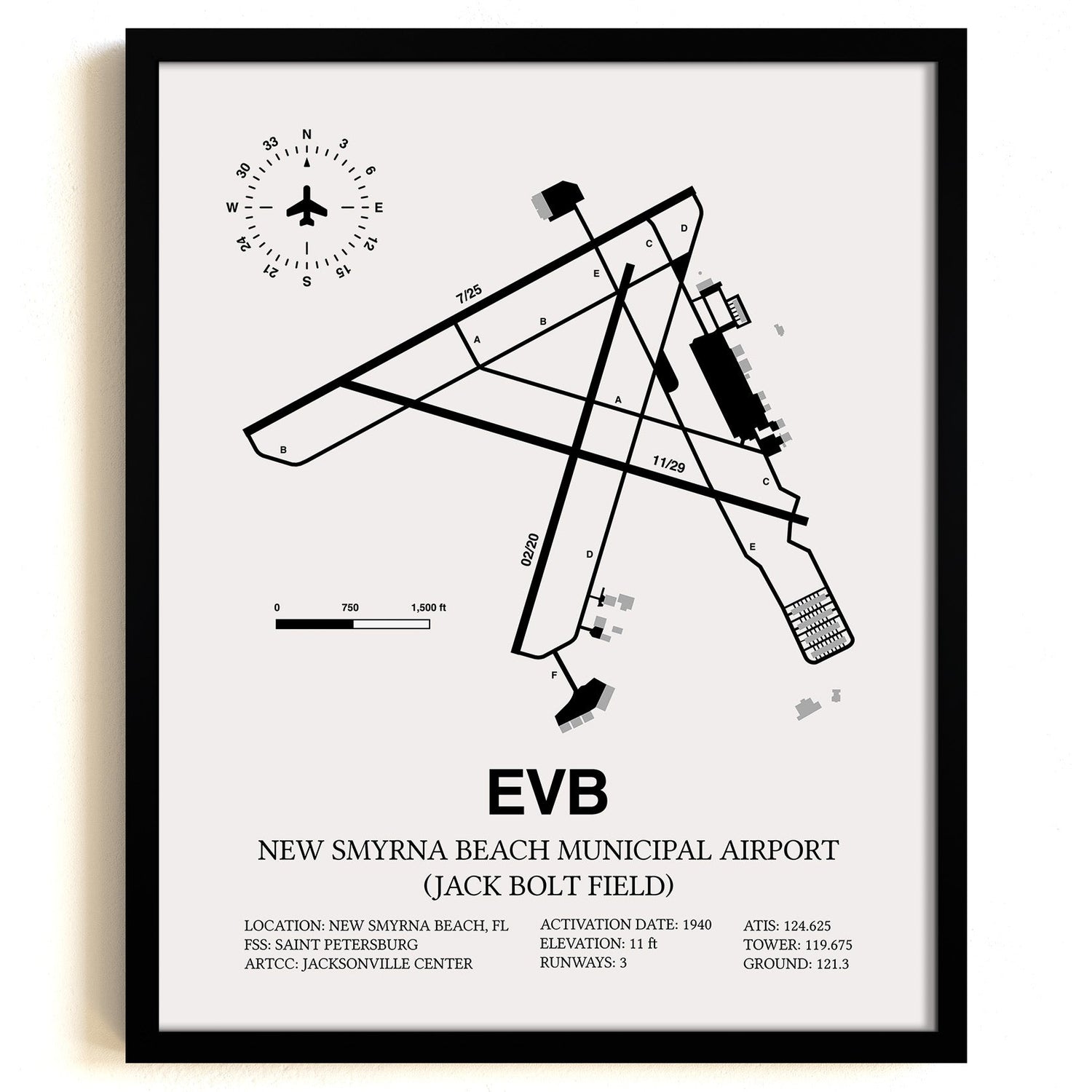 Framed Detailed Airport Map of New Smyrna Beach Municipal Airport (Jack Bolt Field) (EVB) in White with a Black Frame