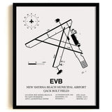 Framed Detailed Airport Map of New Smyrna Beach Municipal Airport (Jack Bolt Field) (EVB) in White with a Black Frame