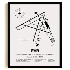 Framed Detailed Airport Map of New Smyrna Beach Municipal Airport (Jack Bolt Field) (EVB) in White with a Black Frame