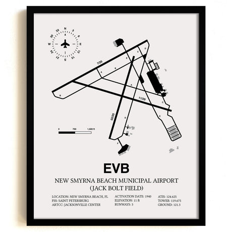 Framed Detailed Airport Map of New Smyrna Beach Municipal Airport (Jack Bolt Field) (EVB) in White with a Black Frame