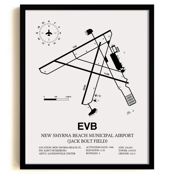 Framed Detailed Airport Map of New Smyrna Beach Municipal Airport (Jack Bolt Field) (EVB) in White with a Black Frame
