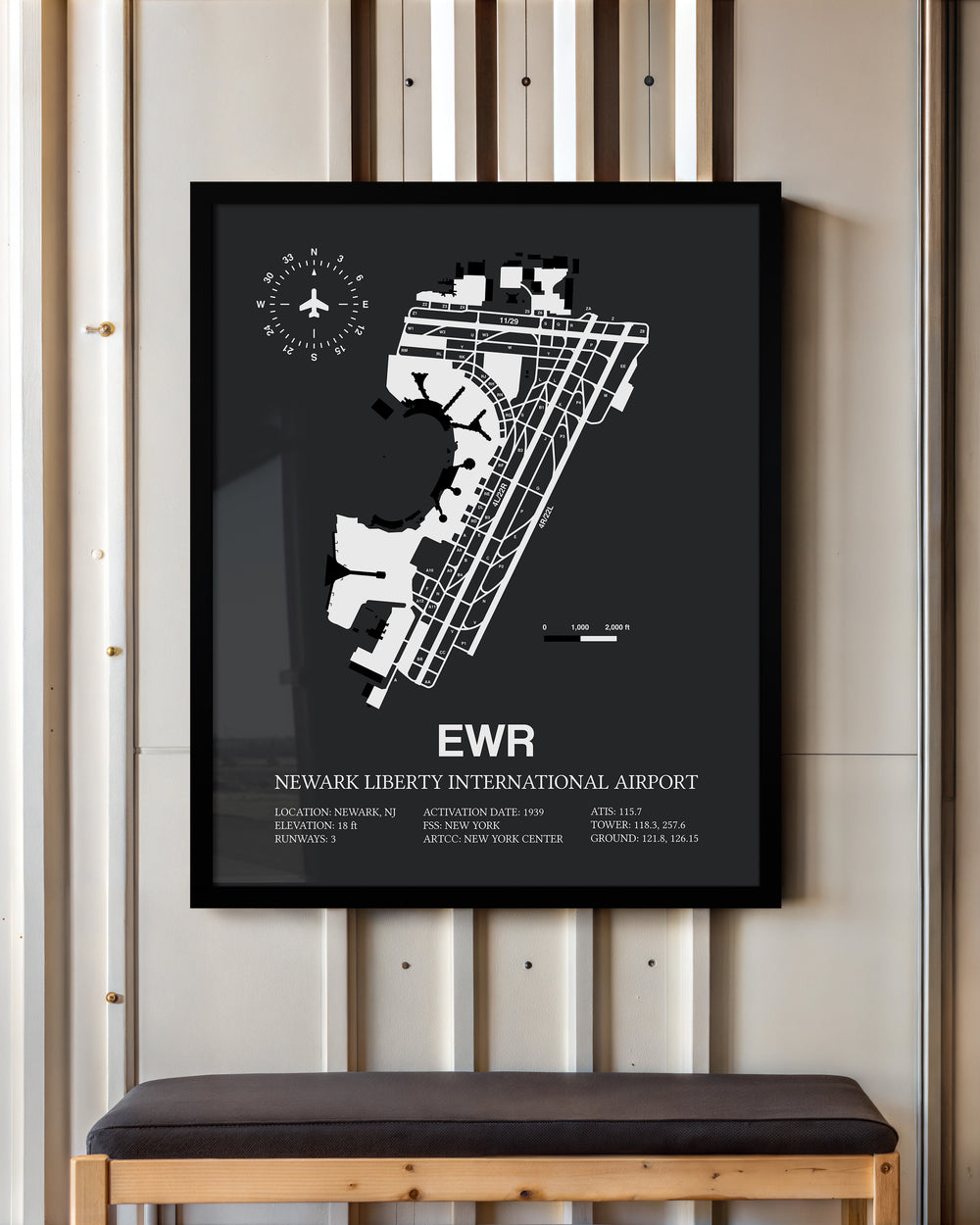 Framed Detailed Airport Map of Newark Liberty International Airport (EWR) in Gray with a Black Frame