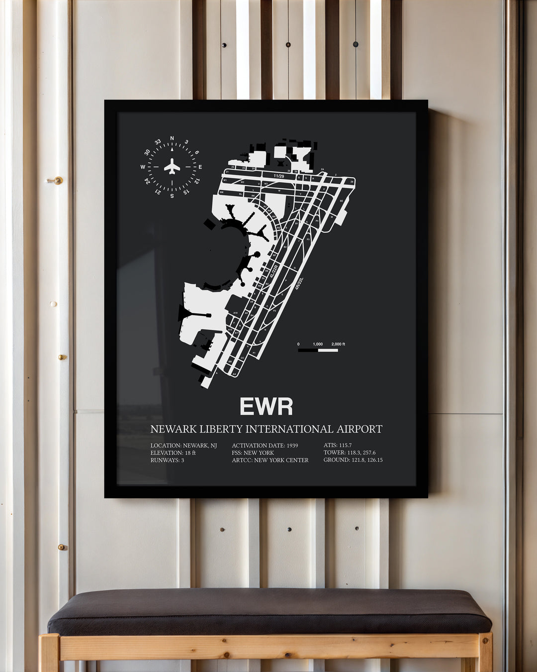 Framed Detailed Airport Map of Newark Liberty International Airport (EWR) in Gray with a Black Frame