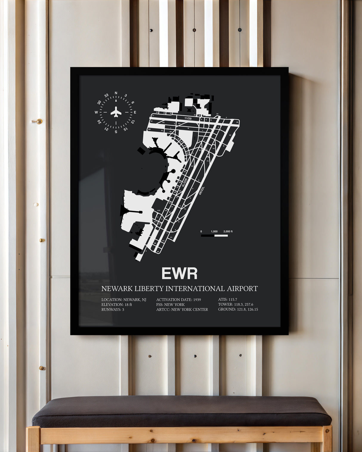 Framed Detailed Airport Map of Newark Liberty International Airport (EWR) in Gray with a Black Frame