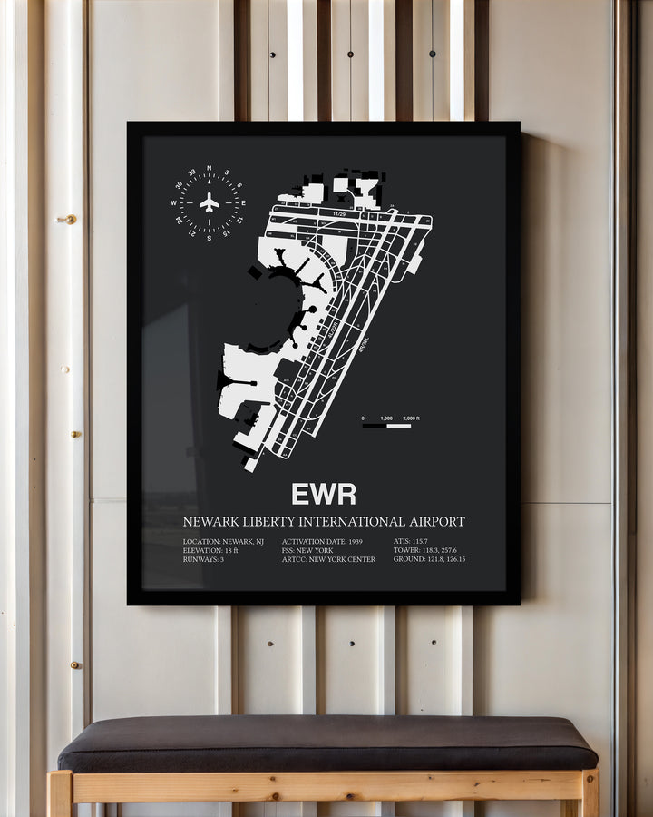 Framed Detailed Airport Map of Newark Liberty International Airport (EWR) in Gray with a Black Frame