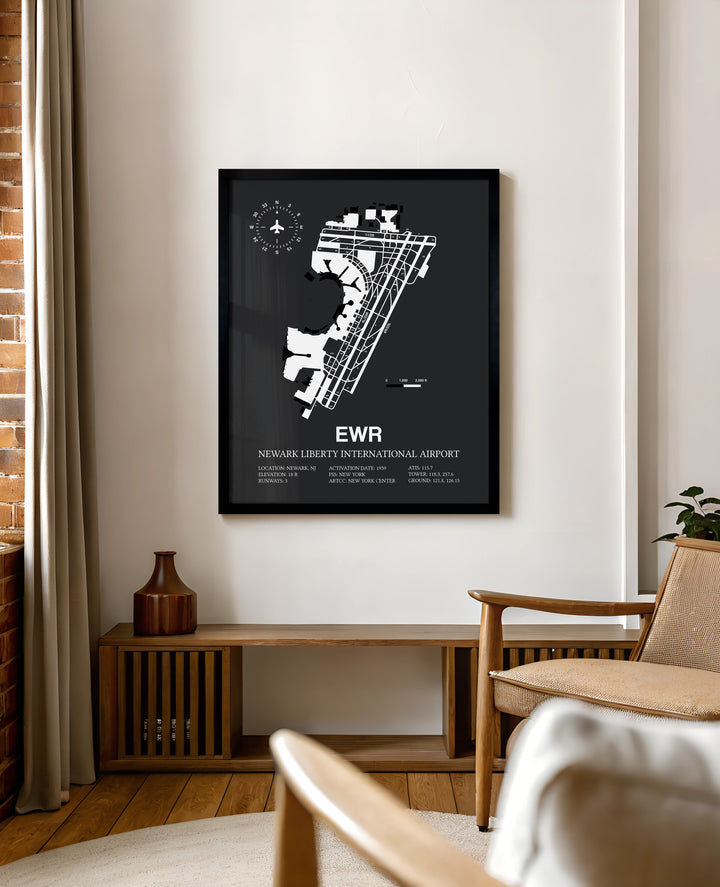 Framed Detailed Airport Map of Newark Liberty International Airport (EWR) in Gray with a Black Frame
