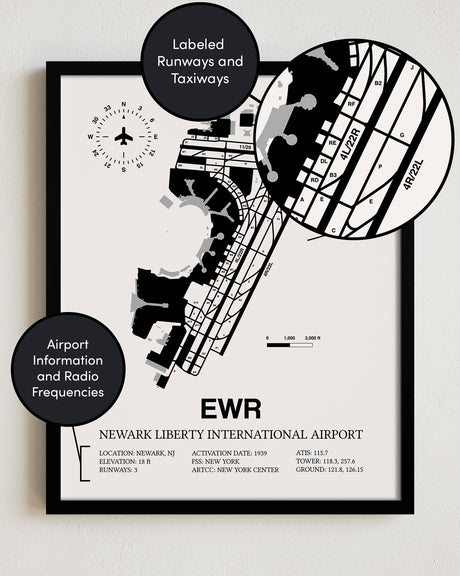 Framed Detailed Airport Map of Newark Liberty International Airport (EWR) in White with a Black Frame