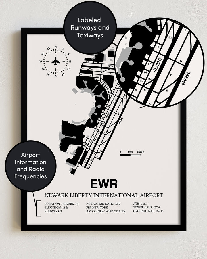 Framed Detailed Airport Map of Newark Liberty International Airport (EWR) in White with a Black Frame