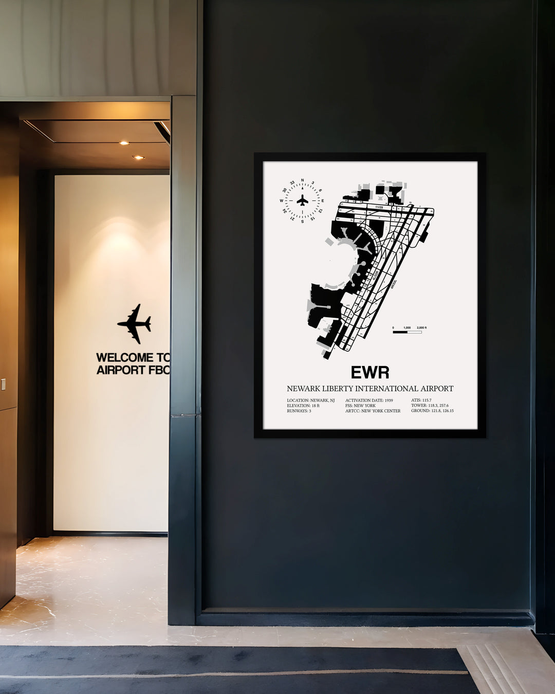 Framed Detailed Airport Map of Newark Liberty International Airport (EWR) in White with a Black Frame