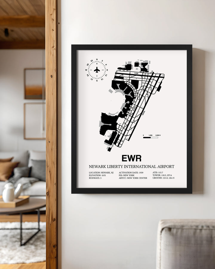 Framed Detailed Airport Map of Newark Liberty International Airport (EWR) in White with a Black Frame
