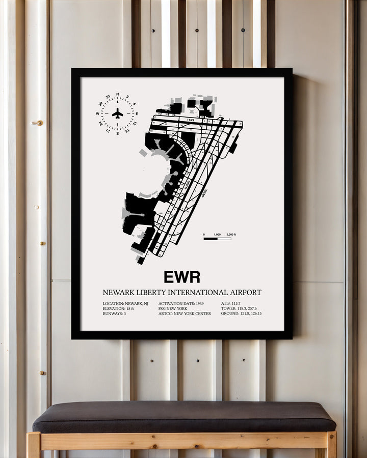 Framed Detailed Airport Map of Newark Liberty International Airport (EWR) in White with a Black Frame