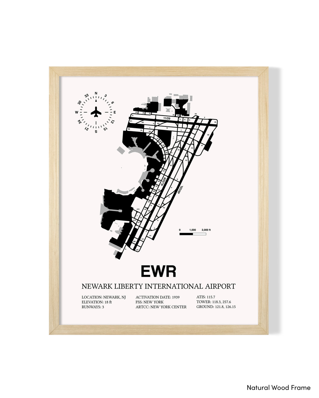 Detailed Airport Map of Newark Liberty International Airport (EWR) in White with a Natural Frame