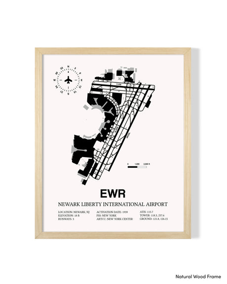 Detailed Airport Map of Newark Liberty International Airport (EWR) in White with a Natural Frame