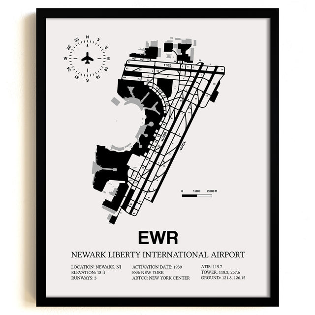 Framed Detailed Airport Map of Newark Liberty International Airport (EWR) in White with a Black Frame