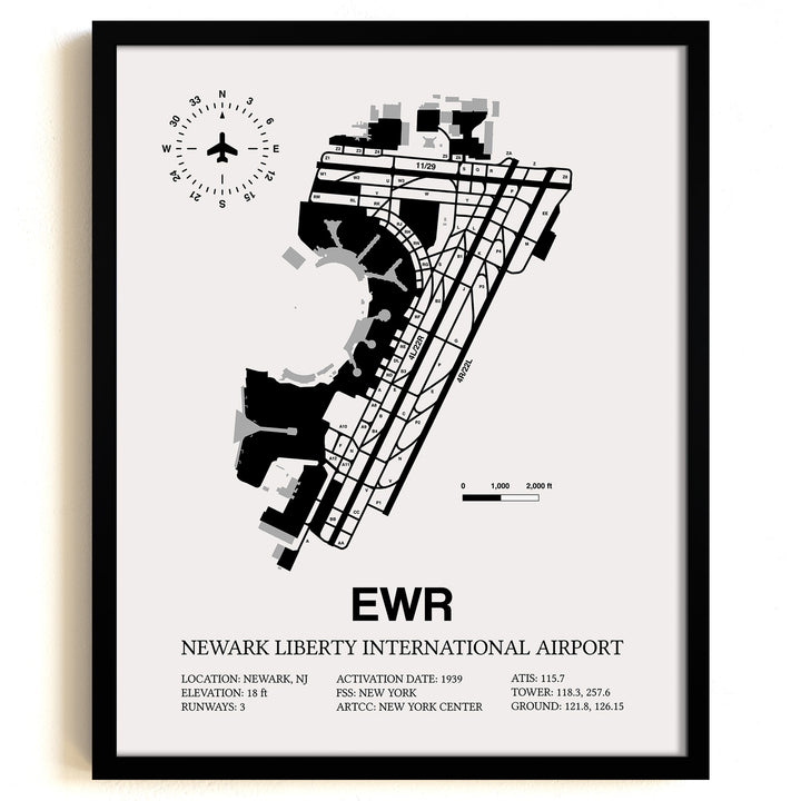 Framed Detailed Airport Map of Newark Liberty International Airport (EWR) in White with a Black Frame