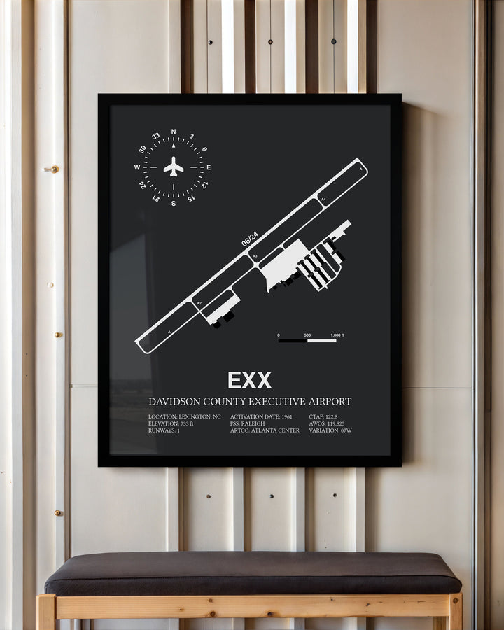 Framed Detailed Airport Map of Davidson County Executive Airport (EXX) in Gray with a Black Frame