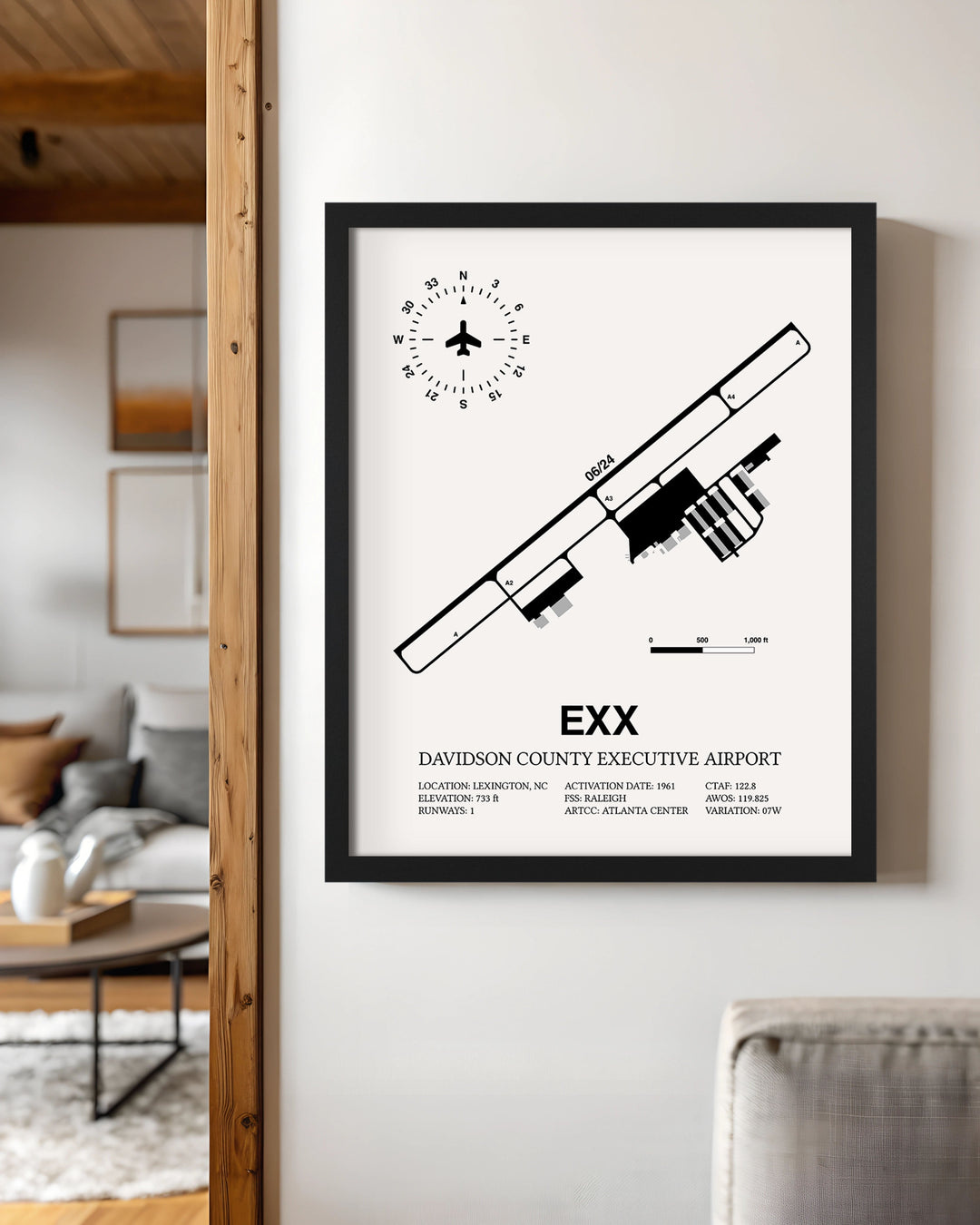 Framed Detailed Airport Map of Davidson County Executive Airport (EXX) in White with a Black Frame