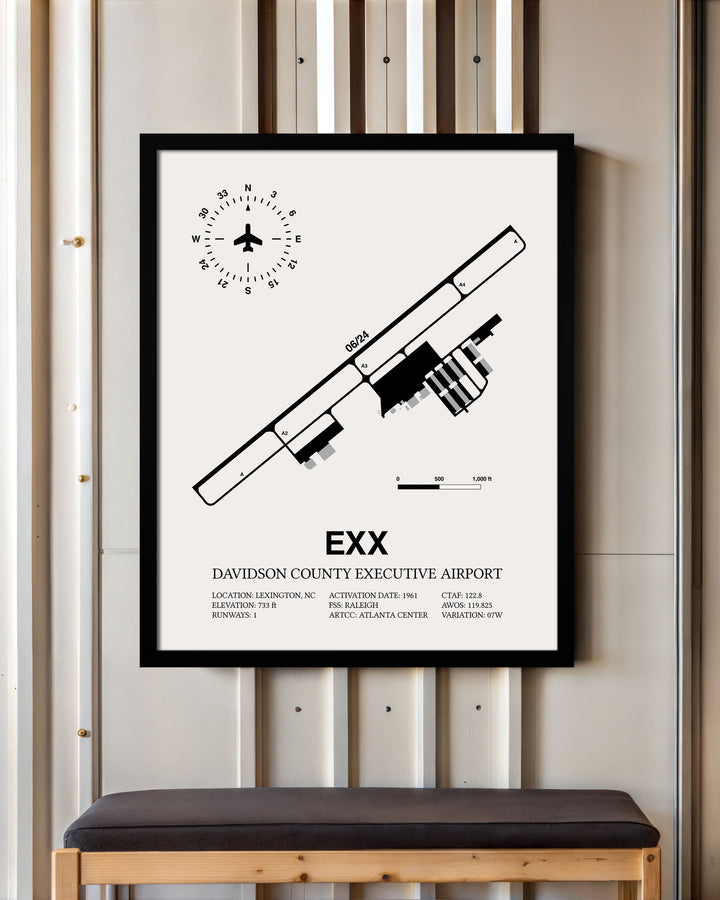 Framed Detailed Airport Map of Davidson County Executive Airport (EXX) in White with a Black Frame