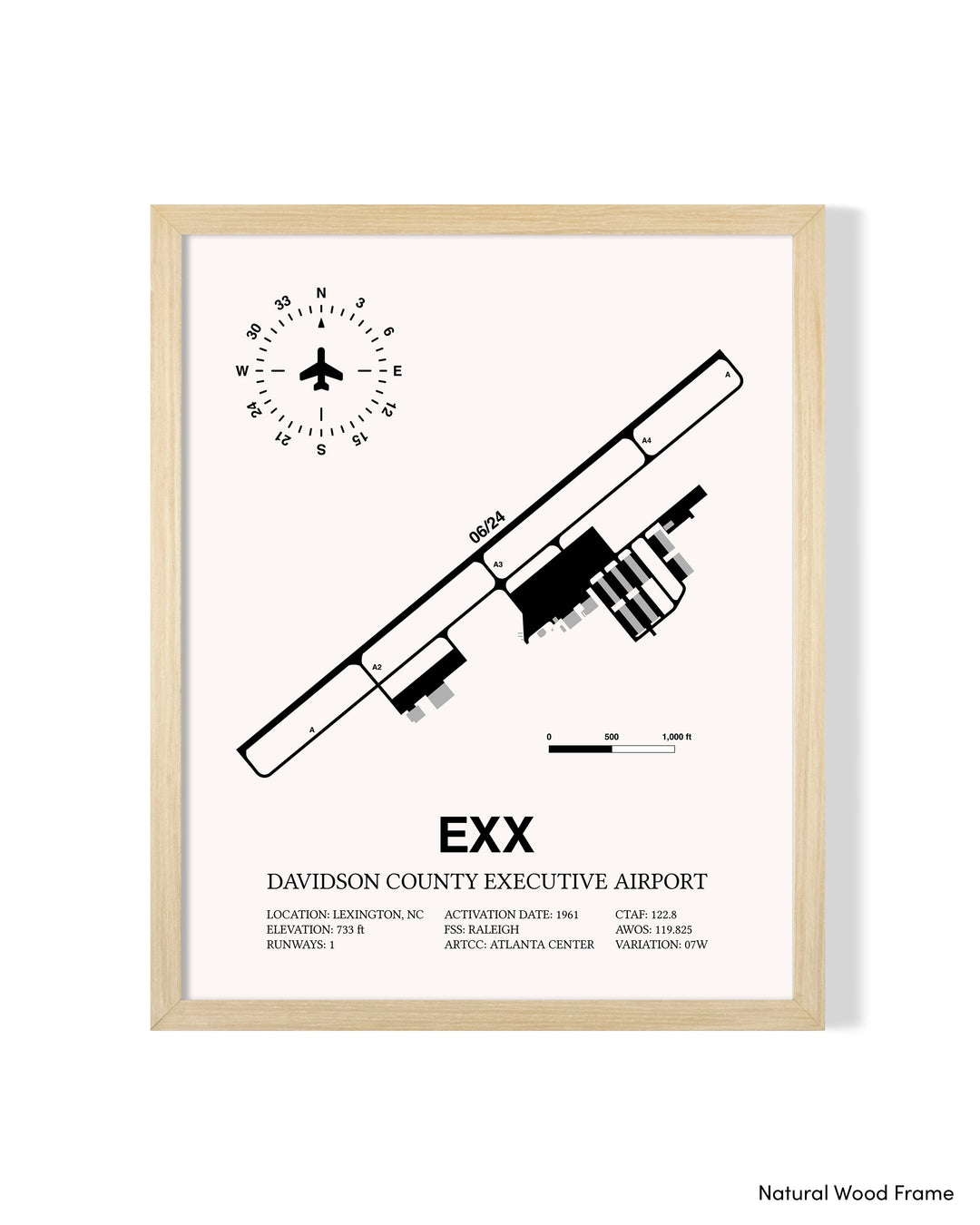 Detailed Airport Map of Davidson County Executive Airport (EXX) in White with a Natural Frame