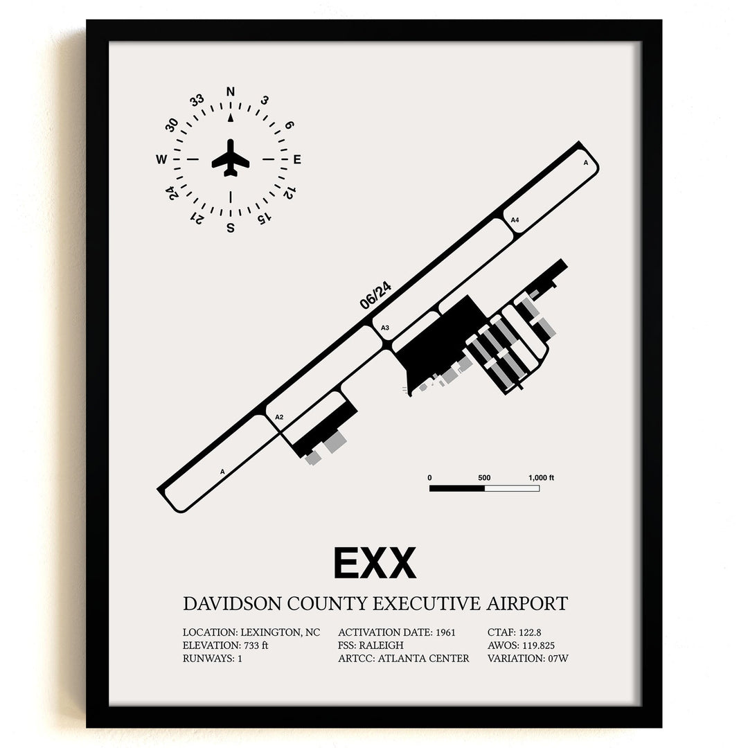 Framed Detailed Airport Map of Davidson County Executive Airport (EXX) in White with a Black Frame