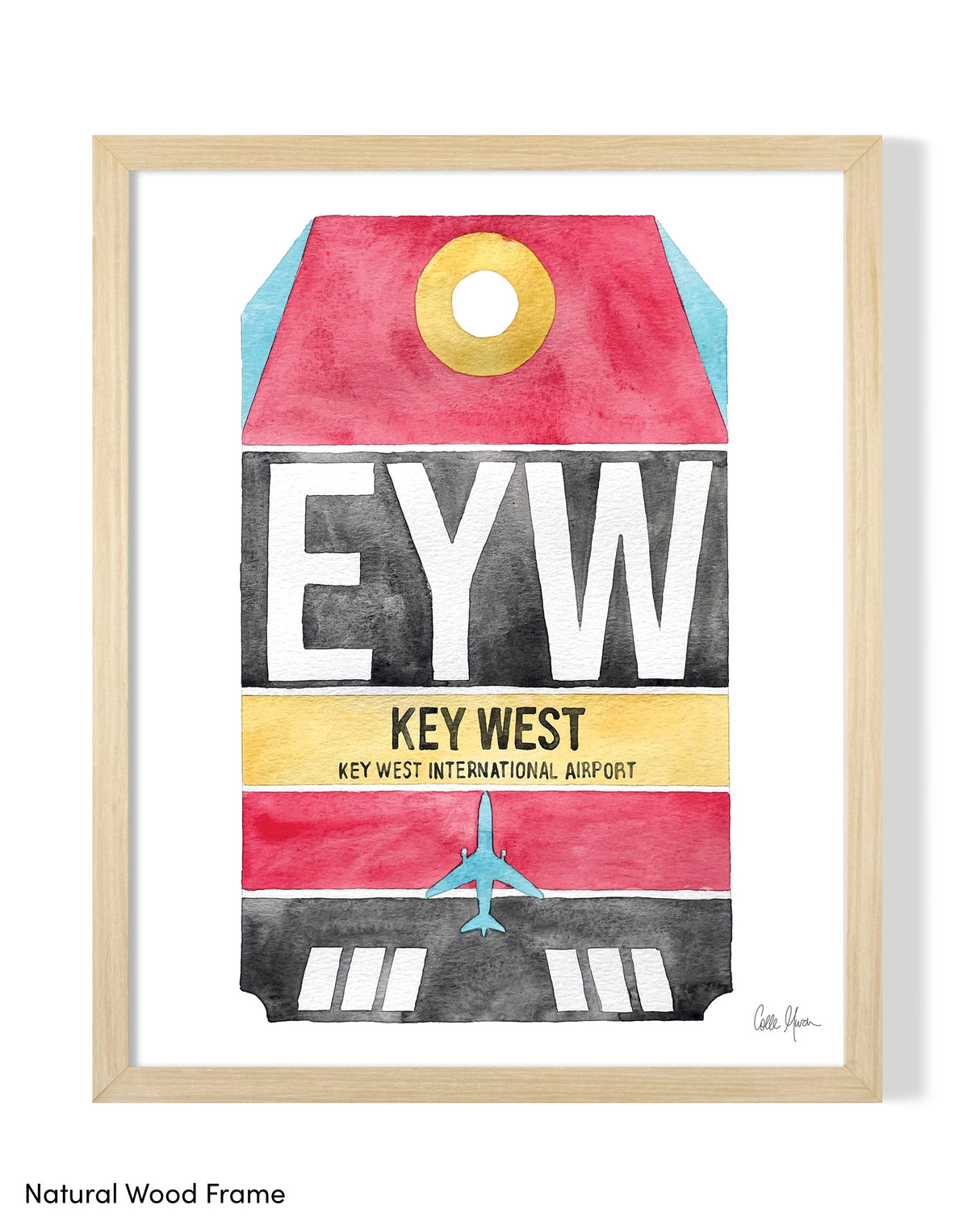 Framed Watercolor Print of Key West International Airport (EYW) with a Natural Wood Frame