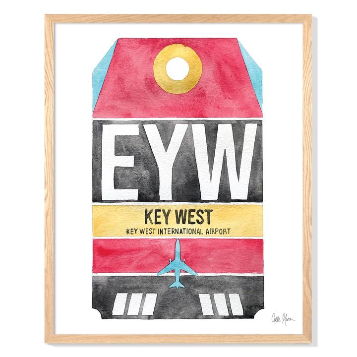 Framed Watercolor Print of Key West International Airport (EYW) with an Oak Frame