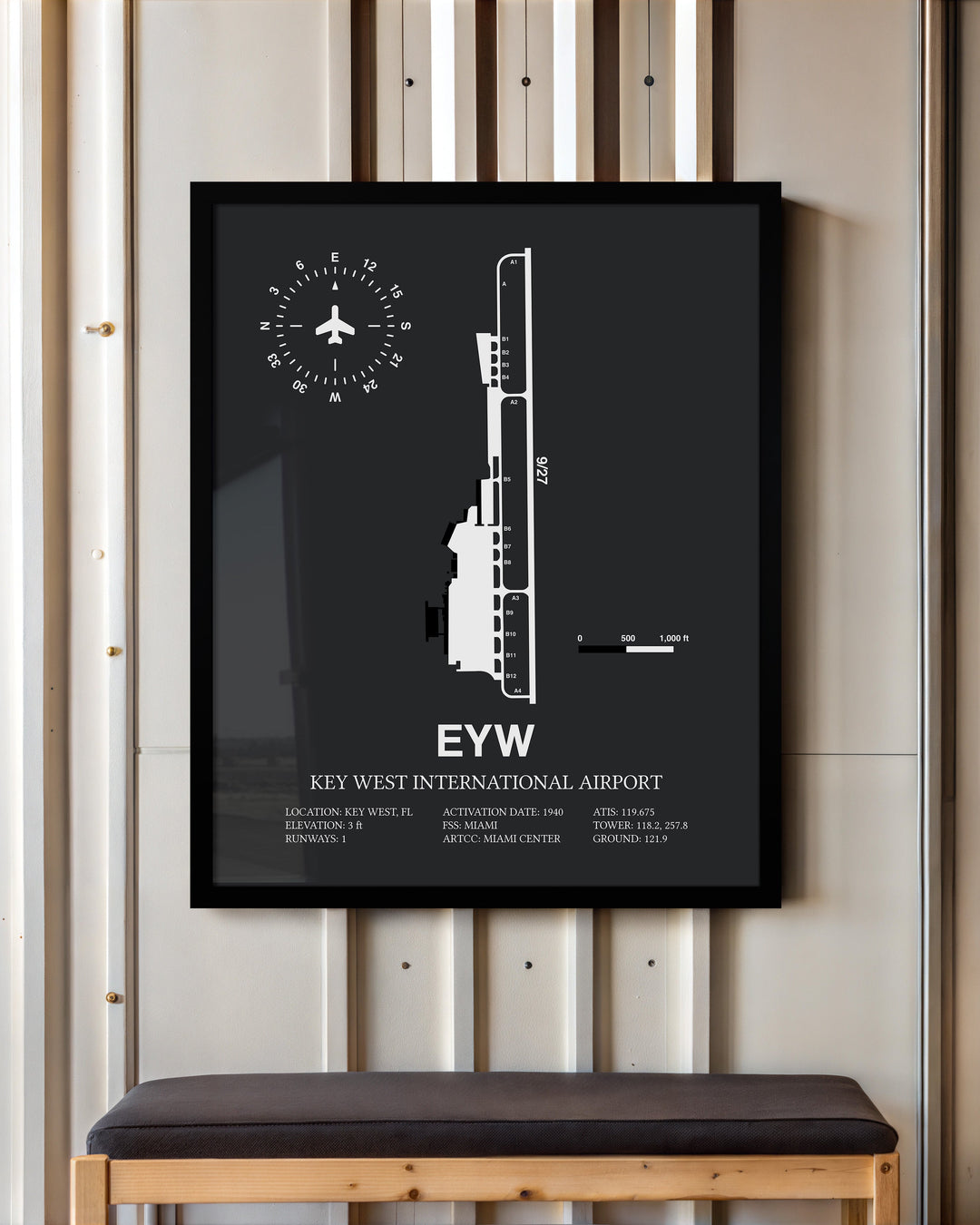 Framed Detailed Airport Map of Key West International Airport (EYW) in Gray with a Black Frame