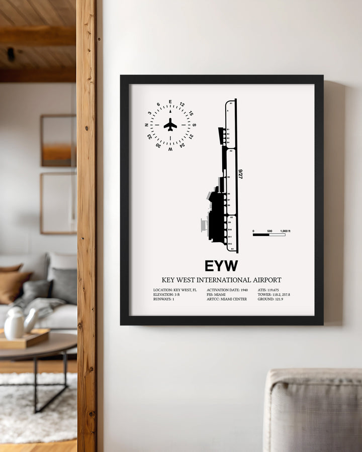 Framed Detailed Airport Map of Key West International Airport (EYW) in White with a Black Frame