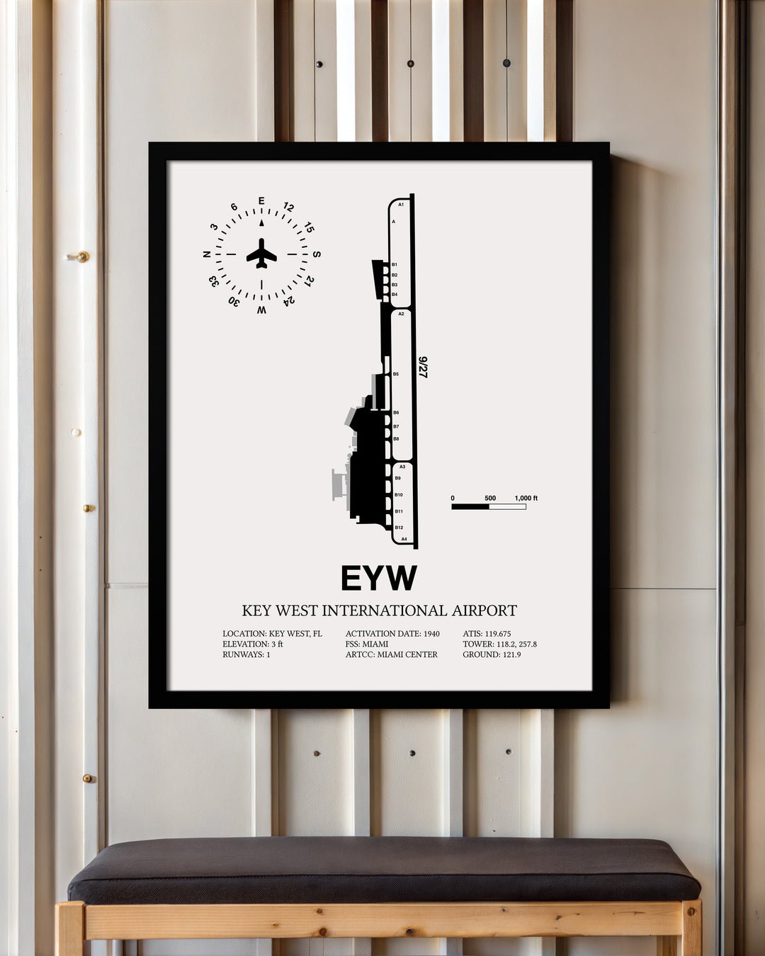 Framed Detailed Airport Map of Key West International Airport (EYW) in White with a Black Frame