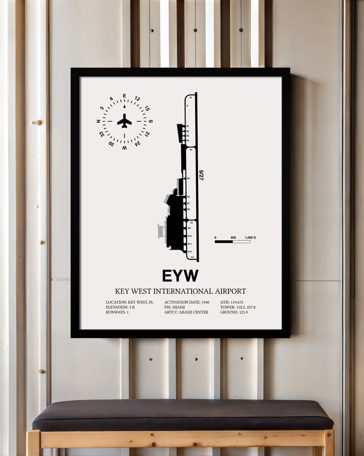 Framed Detailed Airport Map of Key West International Airport (EYW) in White with a Black Frame