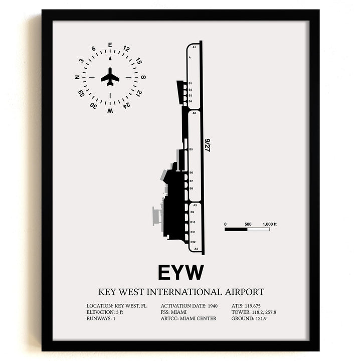 Framed Detailed Airport Map of Key West International Airport (EYW) in White with a Black Frame