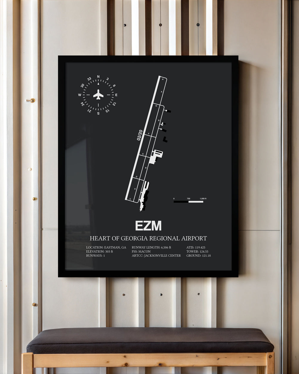 Framed Detailed Airport Map of Heart Of Georgia Regional Airport (EZM) in Gray with a Black Frame