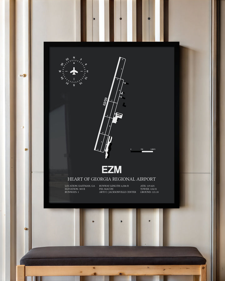 Framed Detailed Airport Map of Heart Of Georgia Regional Airport (EZM) in Gray with a Black Frame