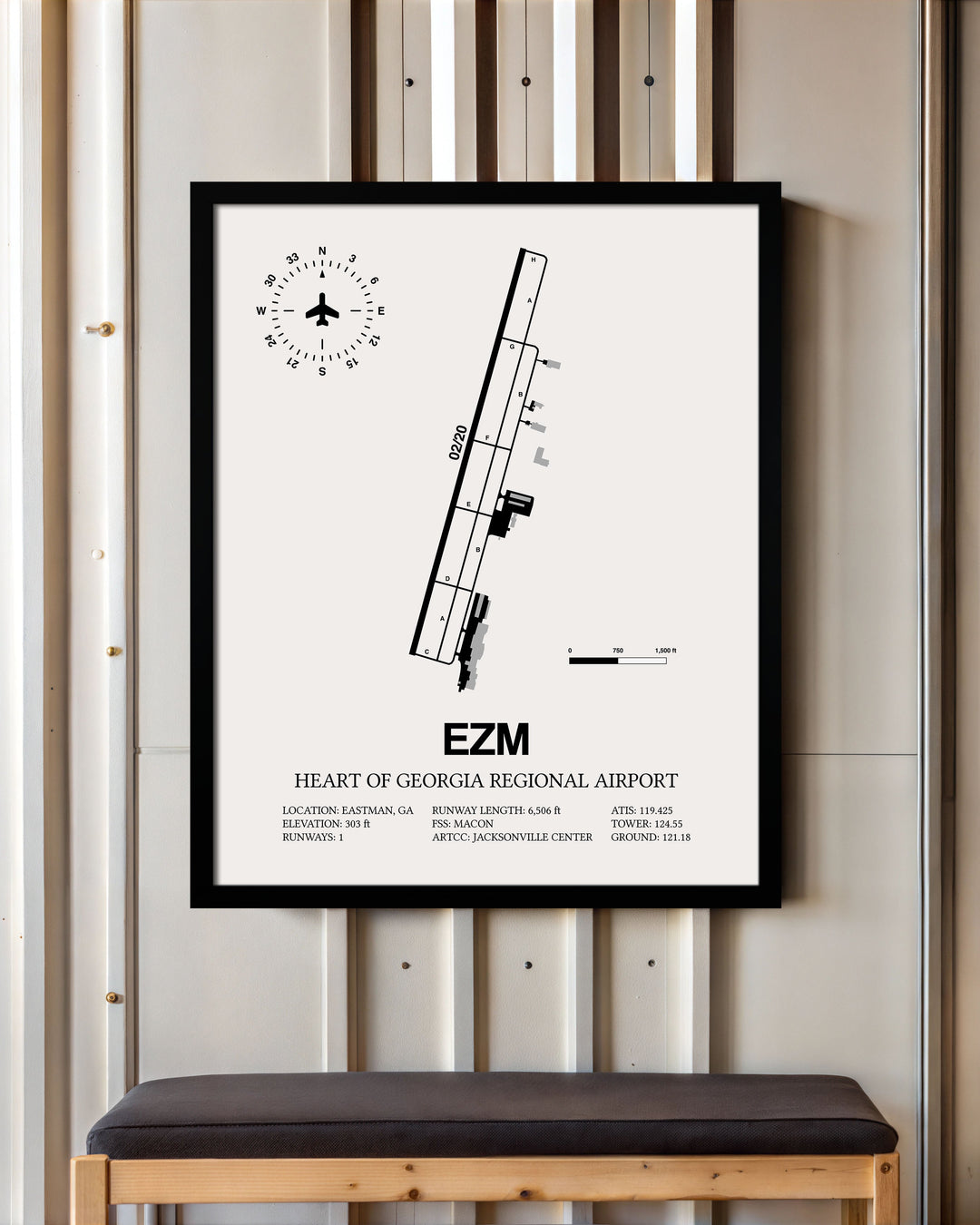 Framed Detailed Airport Map of Heart Of Georgia Regional Airport (EZM) in White with a Black Frame