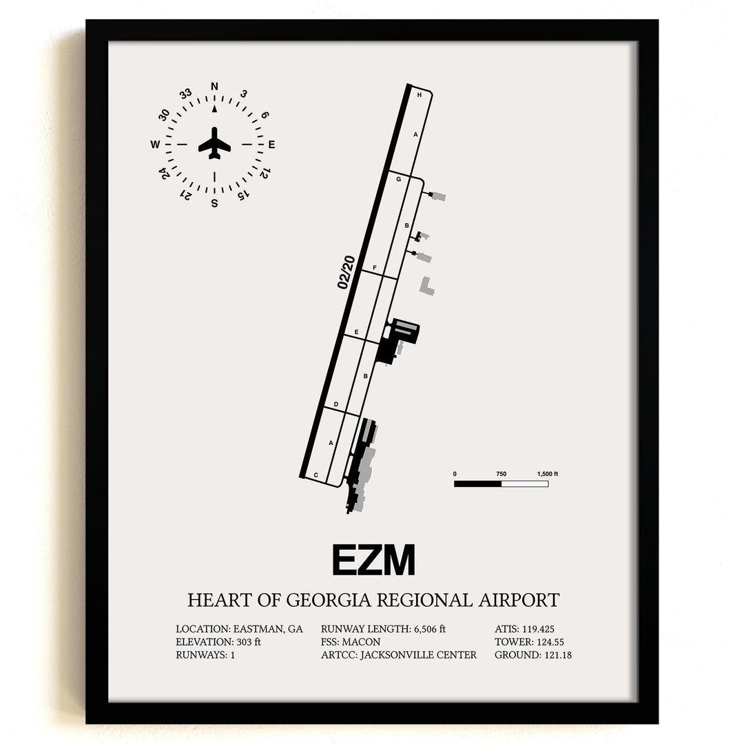 Framed Detailed Airport Map of Heart Of Georgia Regional Airport (EZM) in White with a Black Frame