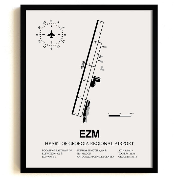 Framed Detailed Airport Map of Heart Of Georgia Regional Airport (EZM) in White with a Black Frame