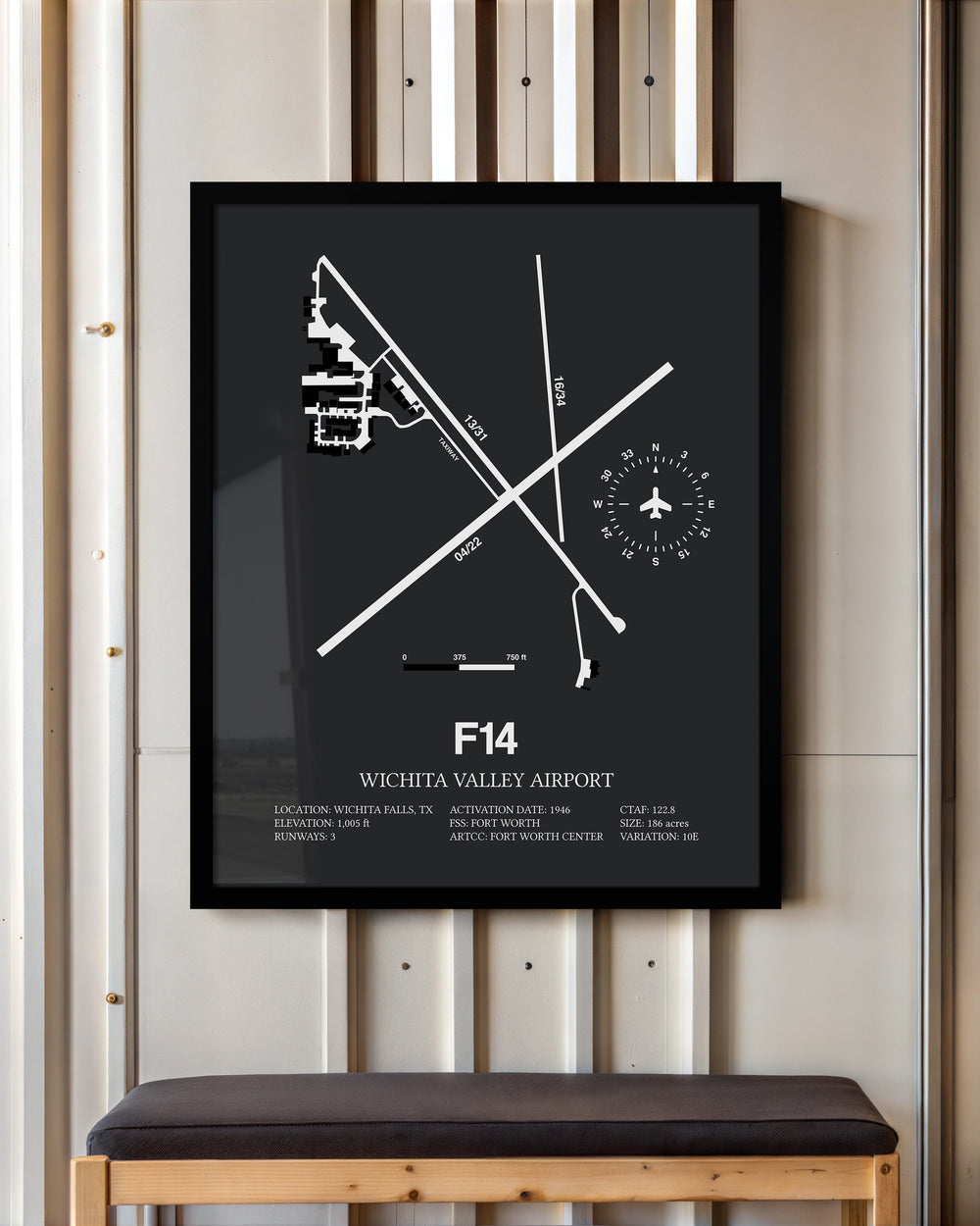 Framed Detailed Airport Map of Wichita Valley Airport (F14) in Gray with a Black Frame